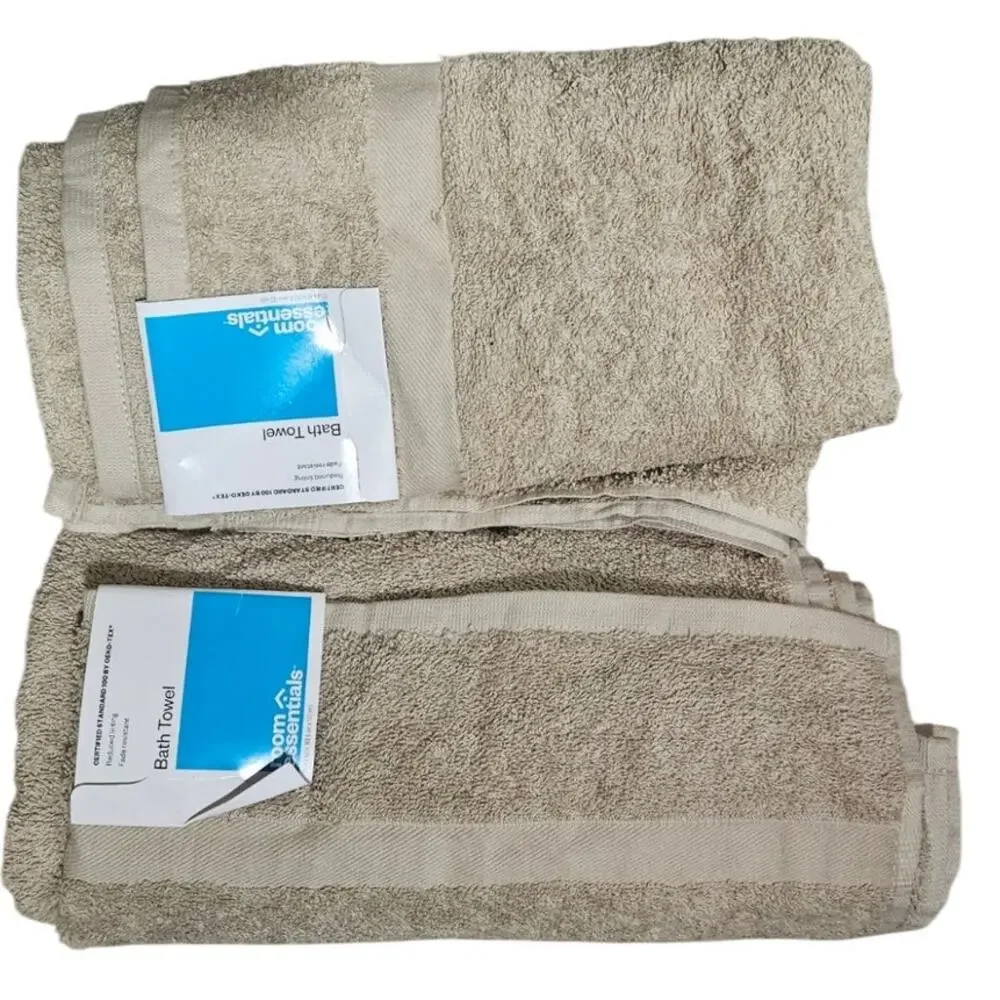 Room Essentials Bath Towels Set of 2 Tan Taupe OEKO-TEX Fade Resistant NWT
